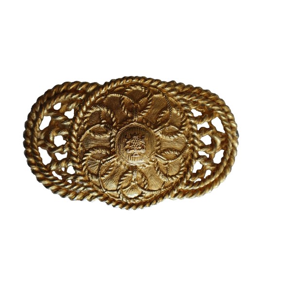 Vtg 1980s Gold Tone LARGE Lion Crest Rope Statement Runway Belt Buckle ~4.8"